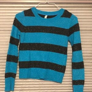 Cool Aeropostale Blue black Stripe Sparkle knit Sweater Long sleeves shimmer top